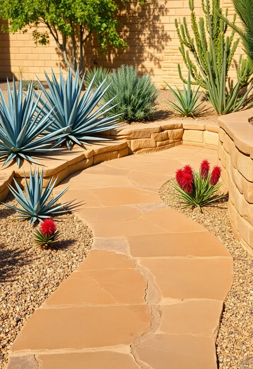 A warm golden sandstone pathway with natural edge cuts winding through a backyard with desert plantings and a low stone wall