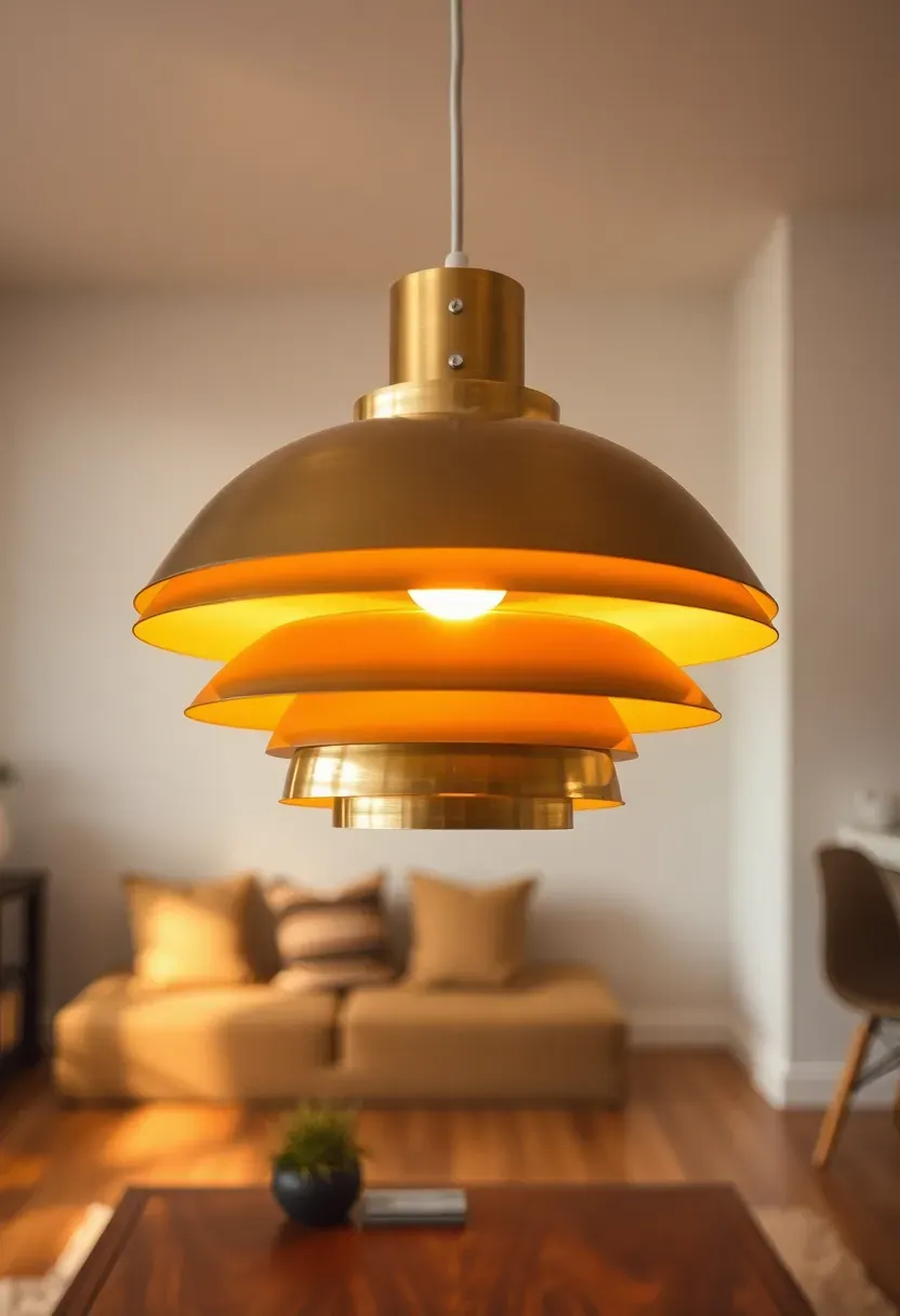 Hyper-realistic view of iconic Scandinavian PH5 pendant lamp suspended over coffee table, warm brass interior glowing, layered metal shades creating focused pool of light below. Materials: brushed brass exterior, white painted interior, matte black ceiling canopy. Warm golden light spilling downward, soft ambient room glow. Minimalist living room background with light oak floor visible. Sculptural lighting as art object mood. Shallow depth of field focused on pendant shades, brass texture detail. No text, no logos, no watermarks.</p>