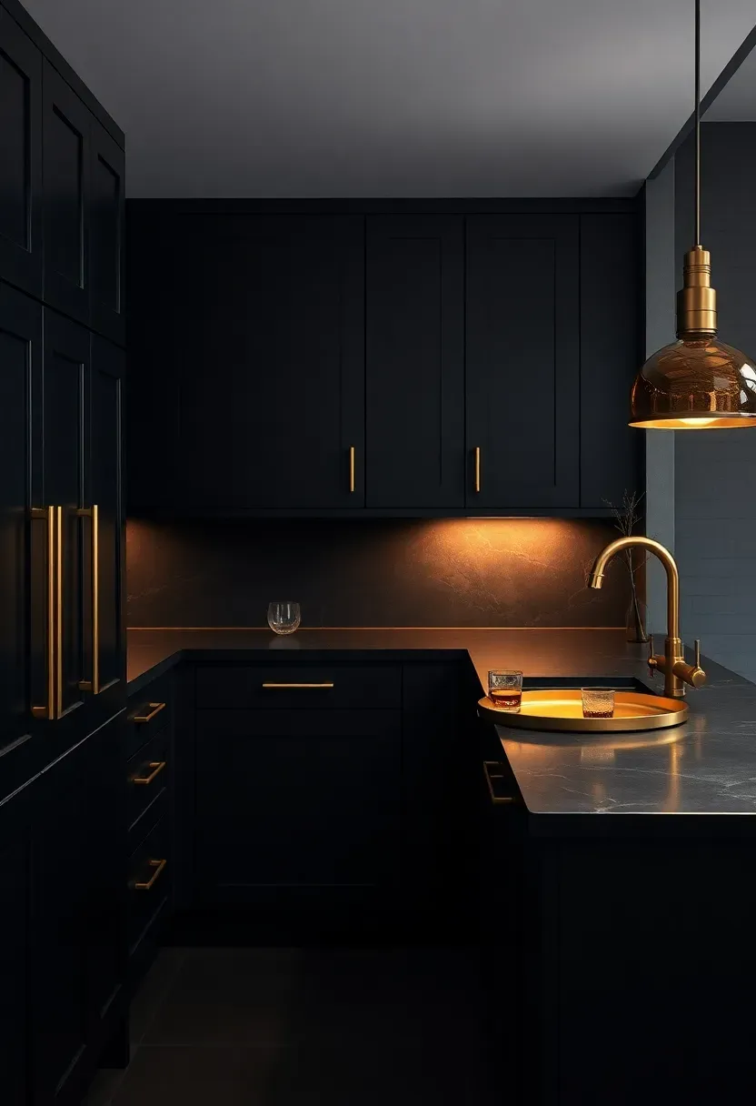 Moody dark basement kitchen with matte black cabinets, dark soapstone counters, brass hardware, and warm amber pendant lighting