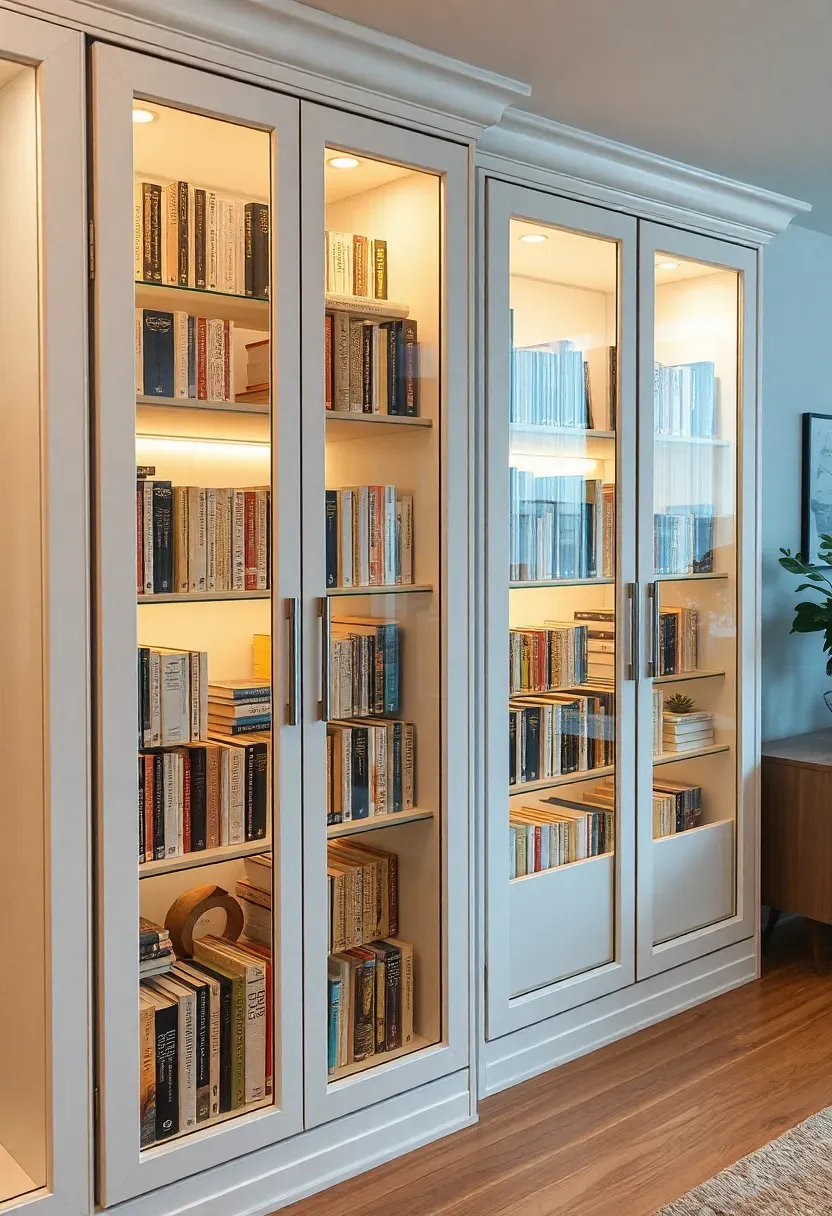Hyper-realistic 3/4 view of glass-doored book cabinets with visible books inside, integrated lighting, clean modern design, part of living space. Materials: white cabinet frames, clear glass, interior LED lighting, organized books, wood floor. Interior cabinet lighting (3000K) with ambient room light, subtle reflections. Sharp glass and book details, clean protected aesthetic, visible room with furniture. No text, no logos, no watermarks.</p>