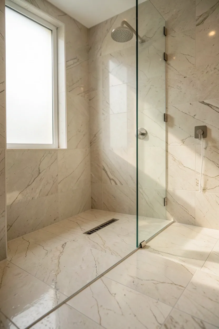 Open wet room style shower with large format tiles, linear drain, and optional glass panel in a spa-like bathroom