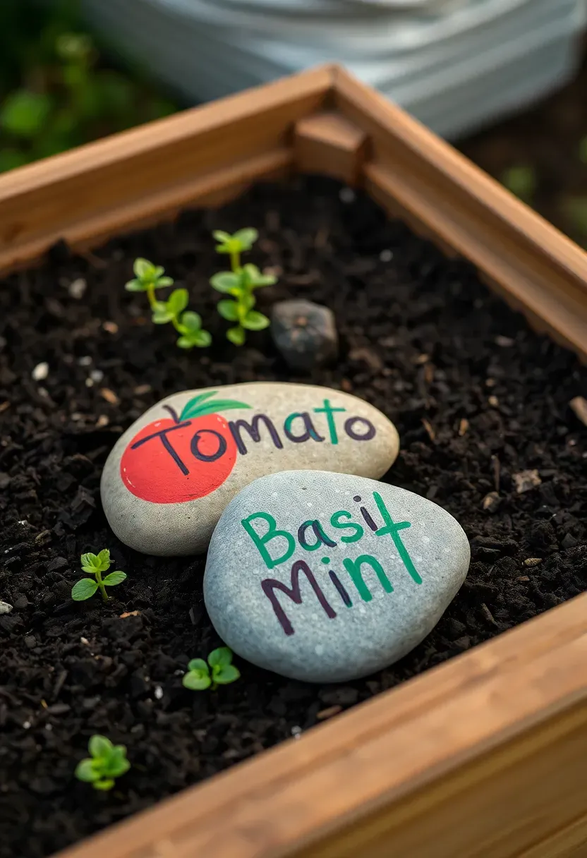 smooth river rocks painted with vegetable names and small illustrations as garden markers