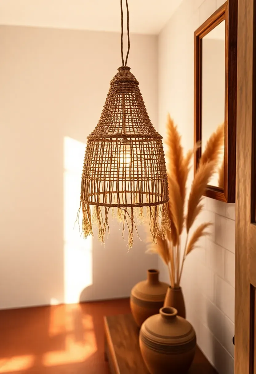 Natural woven jute pendant light with organic texture in a boho bathroom with terracotta tiles and dried grasses