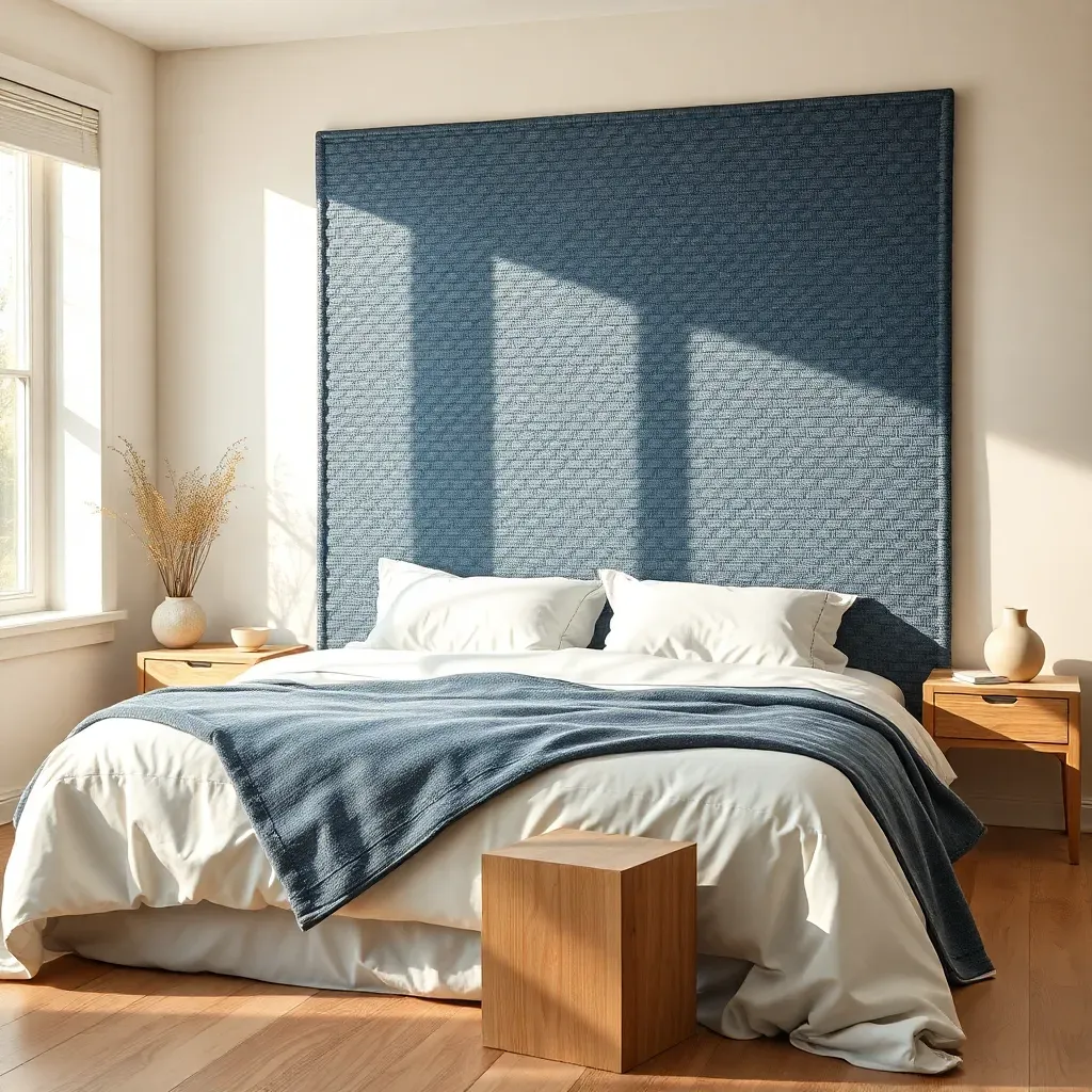 Slate Blue Woven Headboard with Minimal Bedside Tables