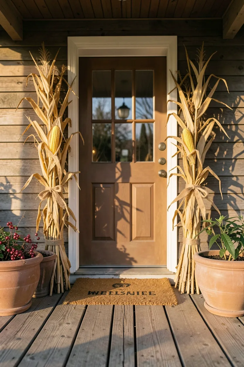 Hyper-realistic eye-level photograph of a fall front porch with two tall bundles of dried cornstalks flanking a front door, secured with jute twine and burlap ribbon. Materials: dried golden cornstalks, natural jute twine, bittersweet berry accents, large ceramic planters, weathered wood porch. Warm golden hour light, soft shadows stretching across porch floor. Rustic harvest atmosphere. Shallow depth of field, sharp details on corn kernels, balanced composition showing front door and welcome mat. No text, no logos, no watermarks.</p>