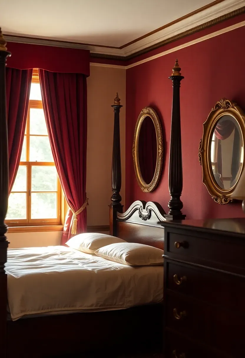 opulent adult bedroom with burgundy velvet curtains gold framed mirror dark wood furniture and warm cream bedding with gold accents