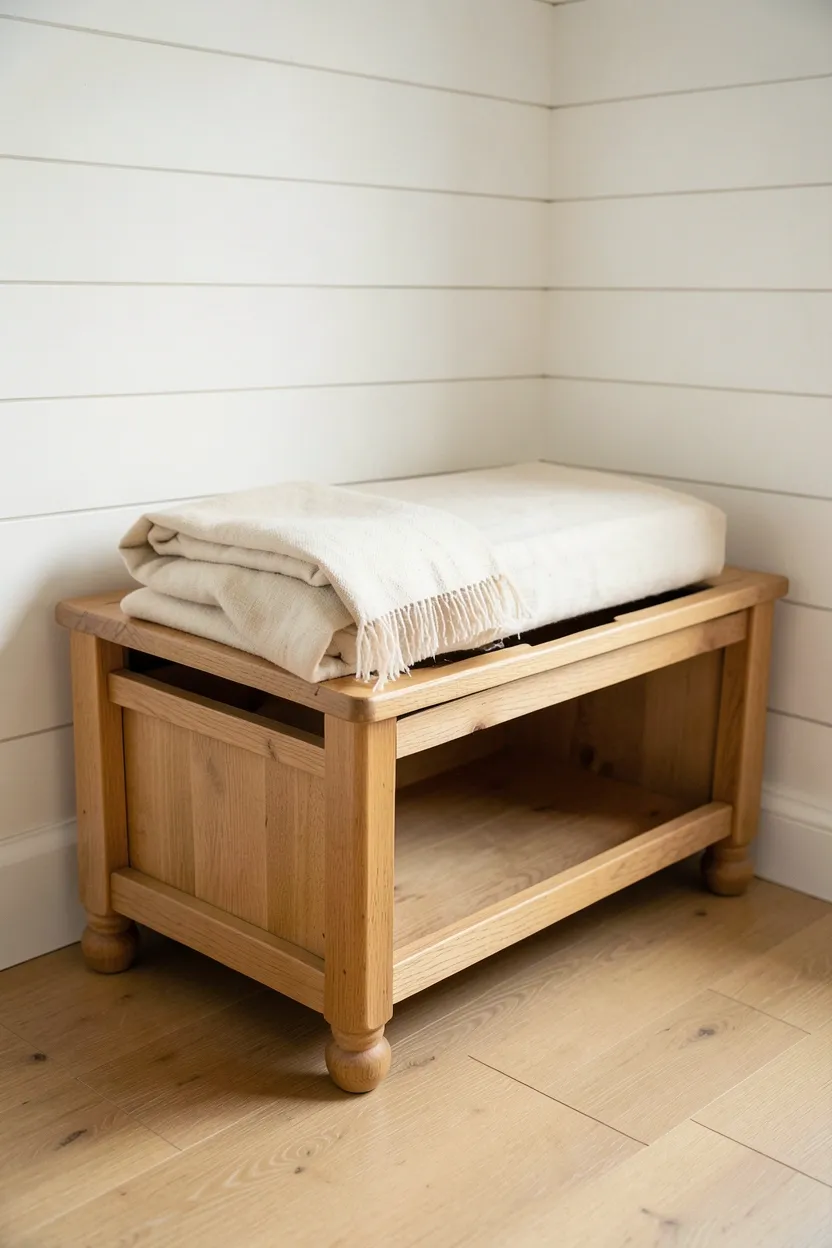 Farmhouse wooden bench with lift-top storage against a white wall in a minimalist living room