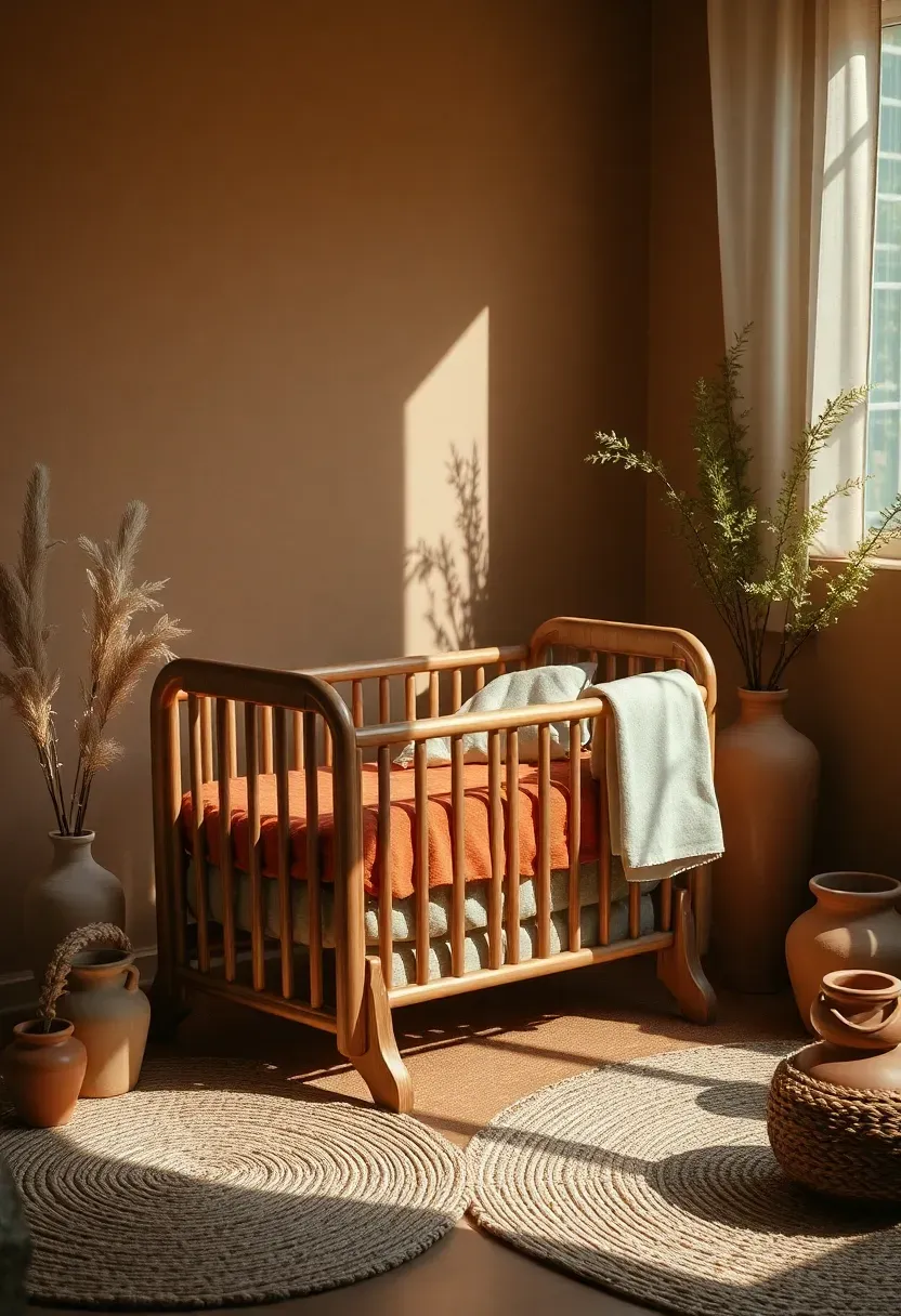 Warm earth tone nursery corner in parent bedroom with walnut bassinet, terracotta-toned jute rug, and clay ceramic vessels on a low wooden shelf