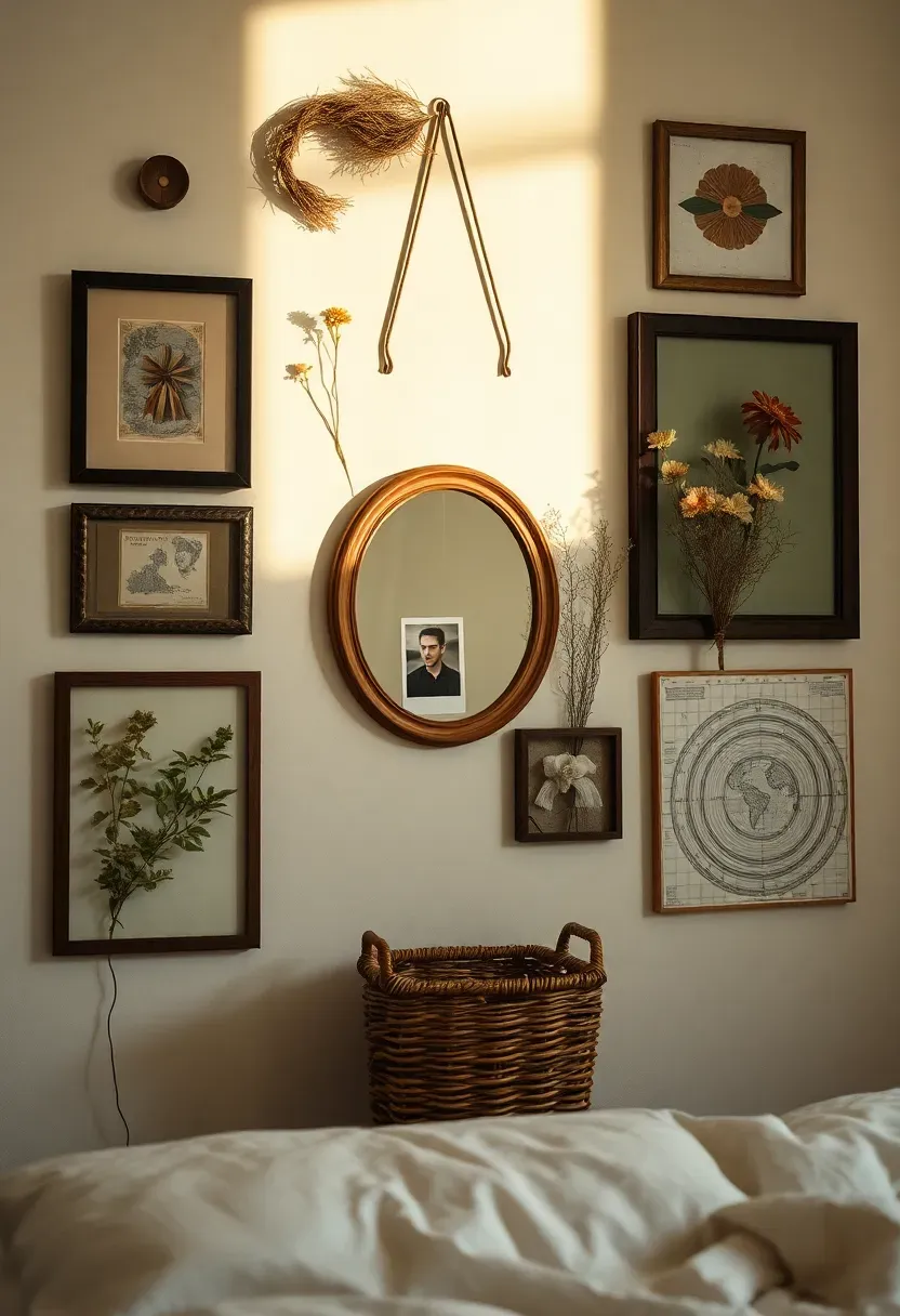 Eclectic teen bedroom gallery wall mixing framed photos, small mirrors, dried botanicals, and found objects in thrifted frames