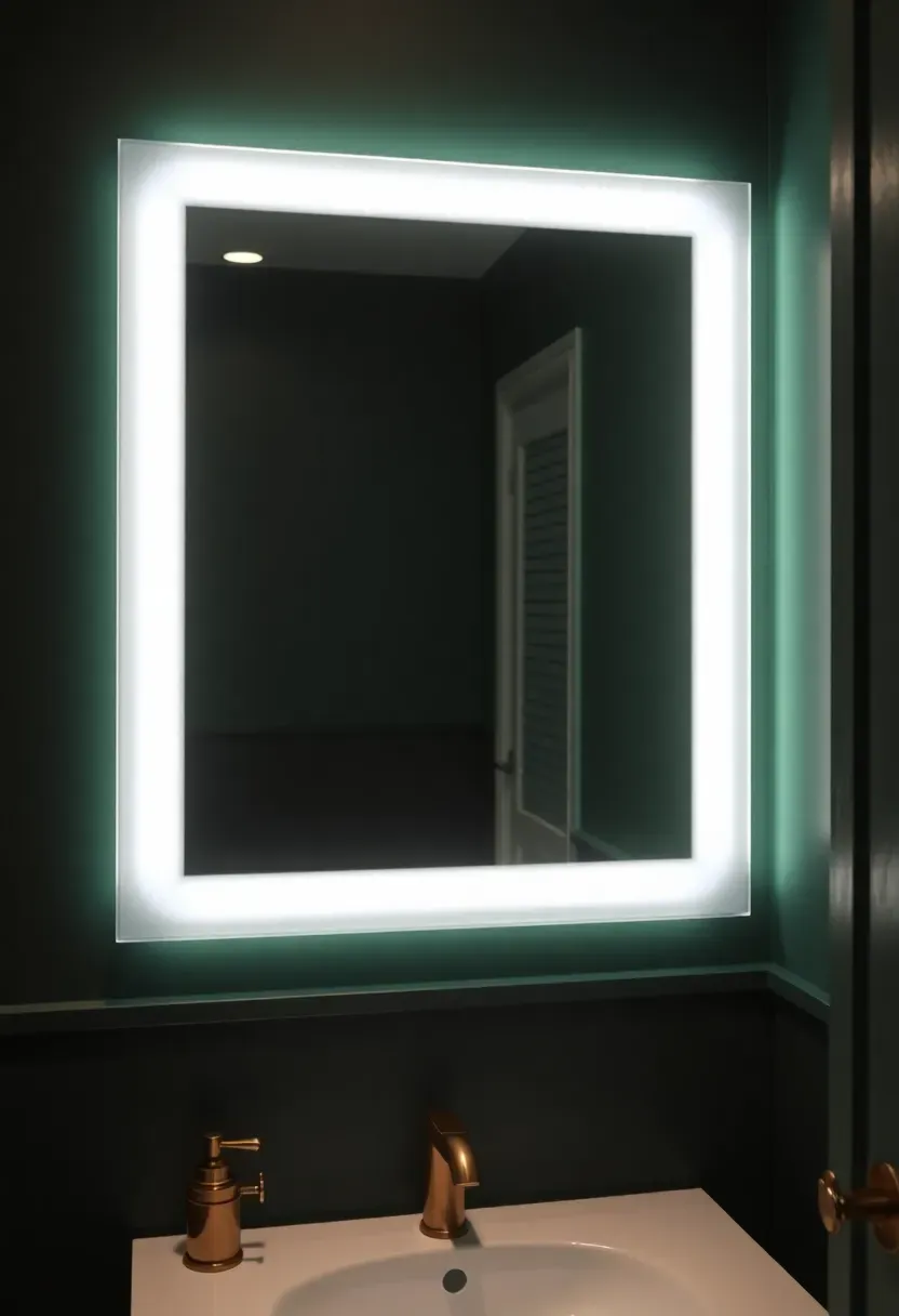 Frameless rectangular bathroom mirror with a wide frosted glass border that glows softly with backlight in a moody dark green bathroom