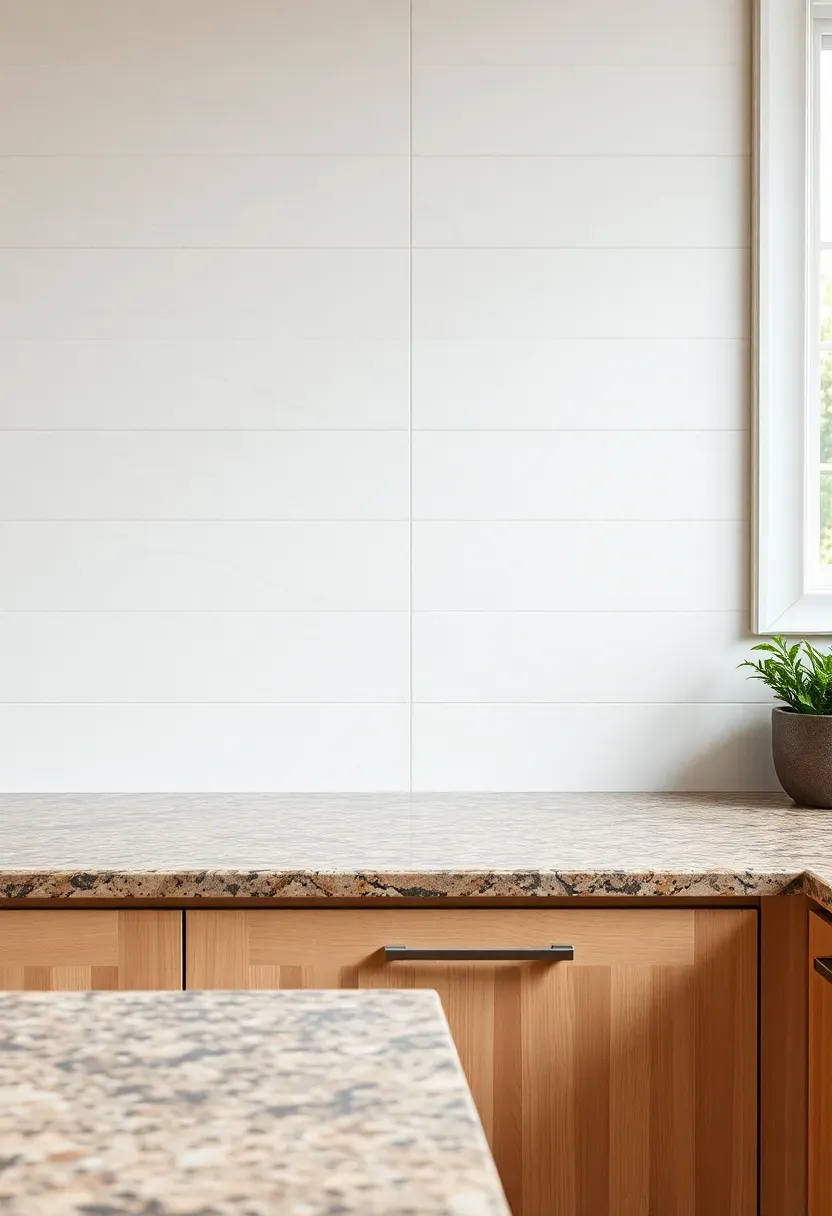 natural quartzite field tile backsplash in warm ivory and gray tones above fantasy brown granite countertop and light wood cabinets