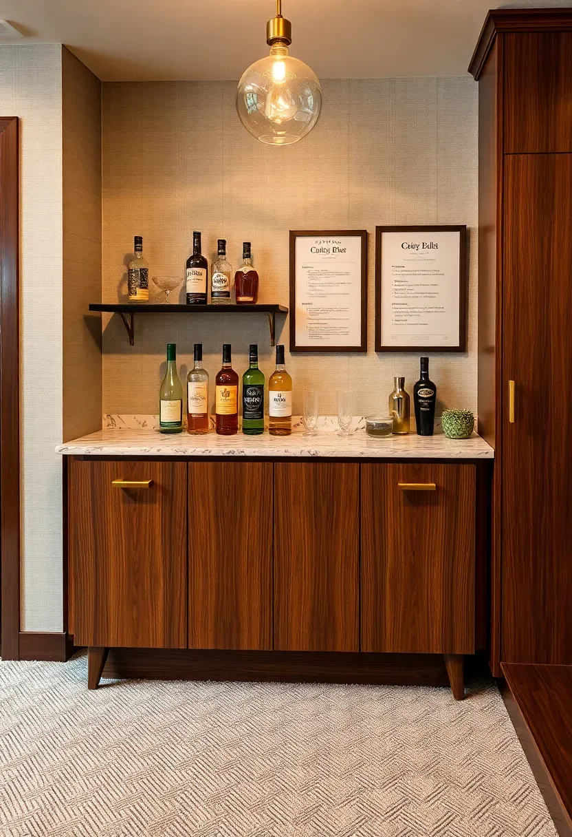 Mid-century modern basement bar with walnut cabinetry, tapered legs, terrazzo countertop, and vintage cocktail artwork on the wall