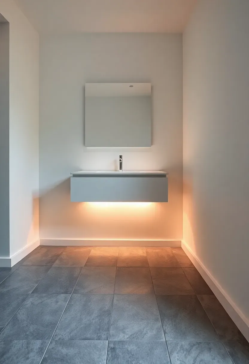 Modern bathroom with a floating wall-mounted vanity showing no baseboard behind it and clean tile meeting the wall underneath