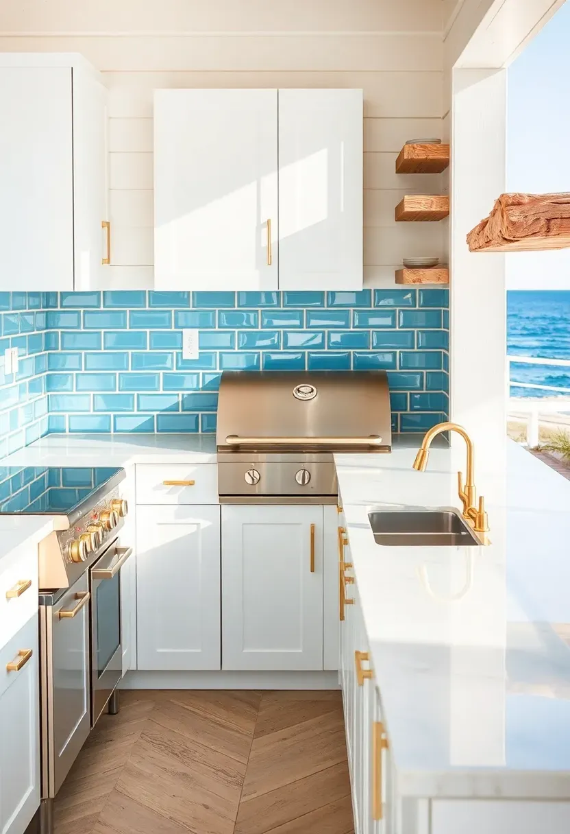Hyper-realistic 3/4 view of a coastal outdoor kitchen with light blue glass subway tile backsplash, white shiplap cabinetry, white quartz countertop with integrated sink, built-in gas grill with brass trim, and driftwood floating shelves. Materials: blue glass tile, white painted wood, white quartz, brass accents, weathered driftwood. Bright coastal sunlight reflecting off tiles, fresh blue and white color palette. Beach house mood, shallow depth of field with sharp focus on tile details and brass hardware, ocean or water barely visible in distance. No text, no logos, no watermarks.</p>