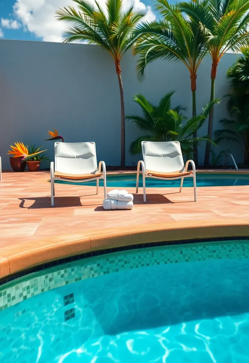 Residential pool with a colored concrete deck in warm sandstone tones extending around the pool edge with lounge chairs and tropical plants nearby