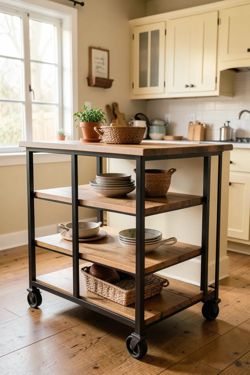 Weathered wood rolling cart island with butcher block top and locking casters in a small farmhouse kitchen — renter-friendly and movable