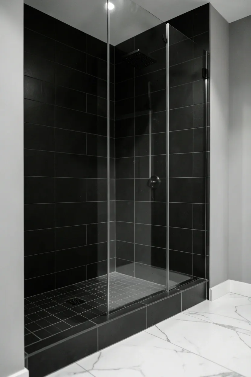 Black large-format tiles covering floor to ceiling inside a modern shower enclosure with frameless glass door — dramatic enveloping design