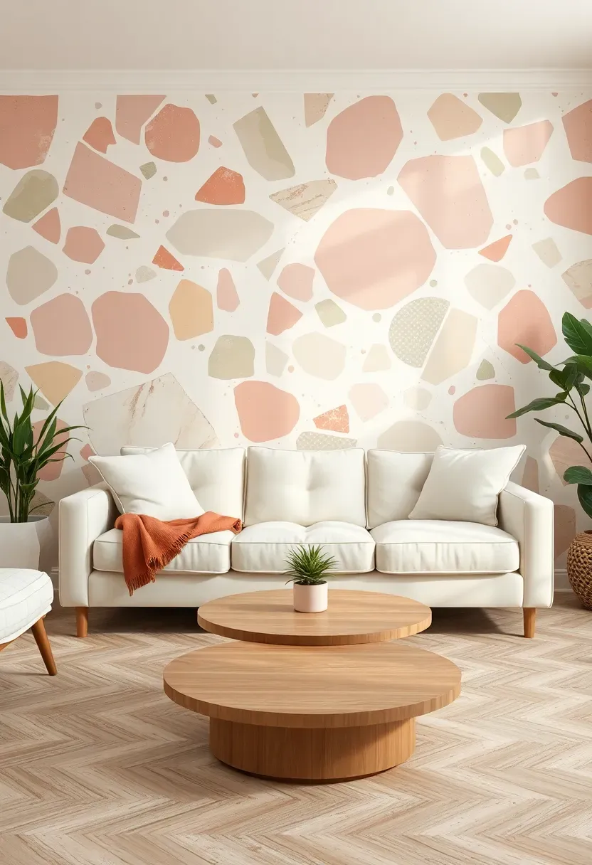 Eclectic living room with a bold terrazzo-inspired accent wall in oversized fragments of pink, sage green, terracotta, and cream on a white base