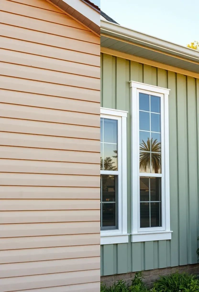 Ranch home exterior before with flat vinyl siding and after with vertical board and batten siding painted sage green