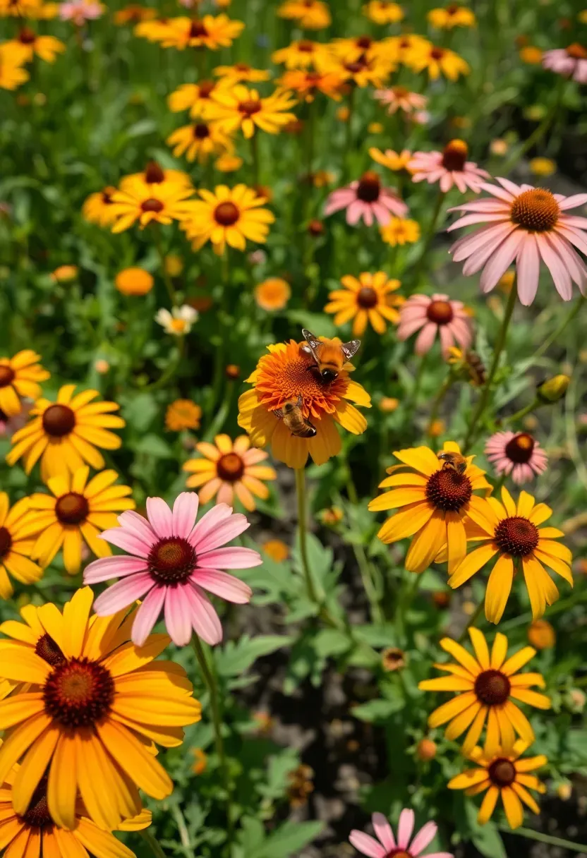 A backyard wildflower pollinator patch buzzing with bees, featuring coneflowers, black-eyed Susans, and milkweed in full bloom