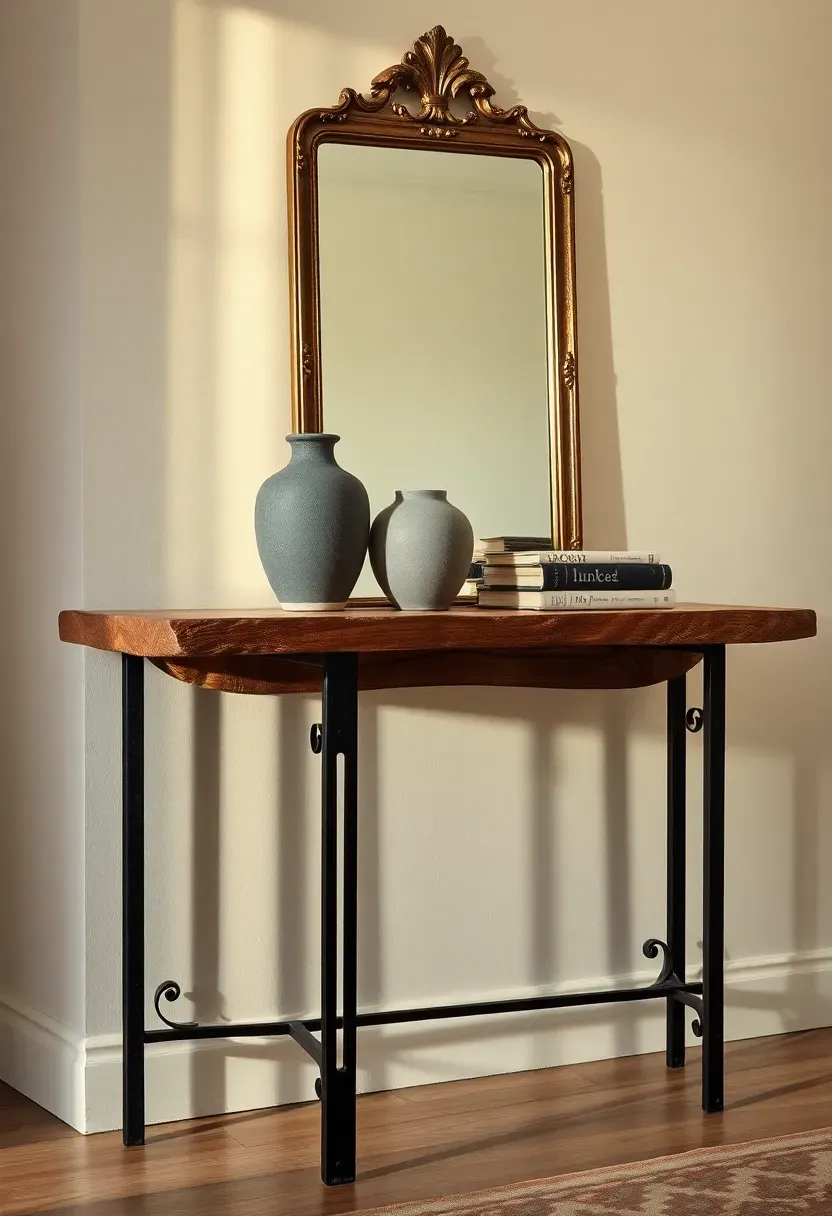 Iron and reclaimed wood console table against a plaster wall with a vintage mirror and ceramics on top