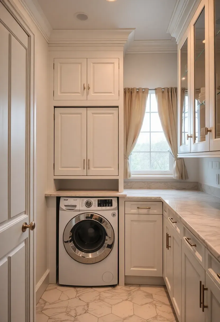 Hyper-realistic 3/4 view of elegant laundry with white inset cabinetry, crown molding, appliance garage with bifold doors closed to conceal washer and dryer, marble countertop with beveled edge, polished nickel hardware, glass-front upper cabinets with display dishes, carrera marble hexagon floor, window with silk curtains. Materials: painted wood cabinetry, marble countertop and floor, polished nickel, glass, silk. Warm natural light from window, soft ambient fill. Luxurious traditional mood, shallow depth of field on hardware details. No text, no logos, no watermarks.</p>