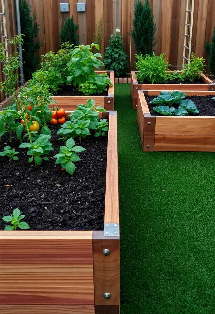 Raised wooden garden beds filled with vegetables surrounded by well-maintained synthetic turf in an organized backyard layout
