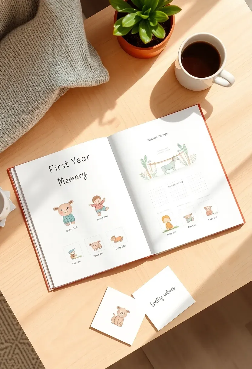 first year baby memory book open on a table with milestone cards and photos for a boy