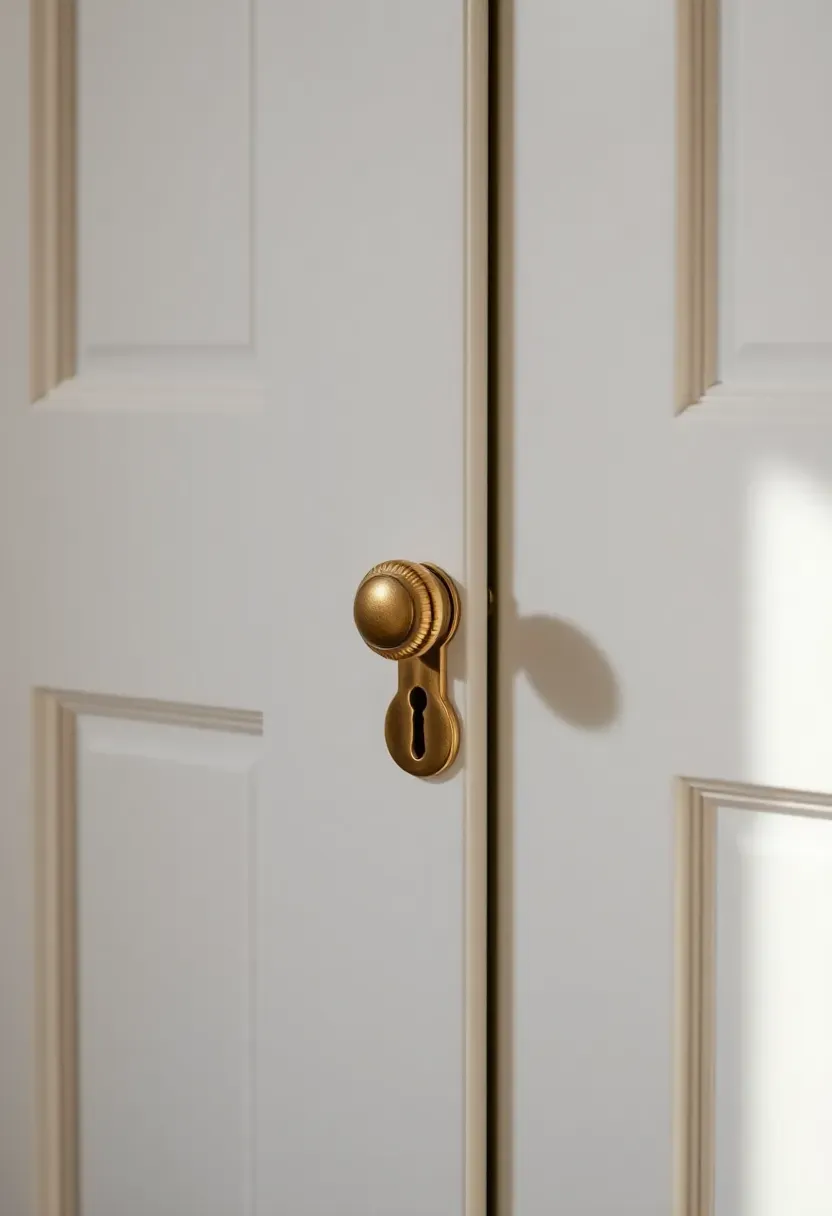Bathroom linen closet door fitted with antique brass cup pulls and a small skeleton-style keyhole escutcheon on white painted cabinetry