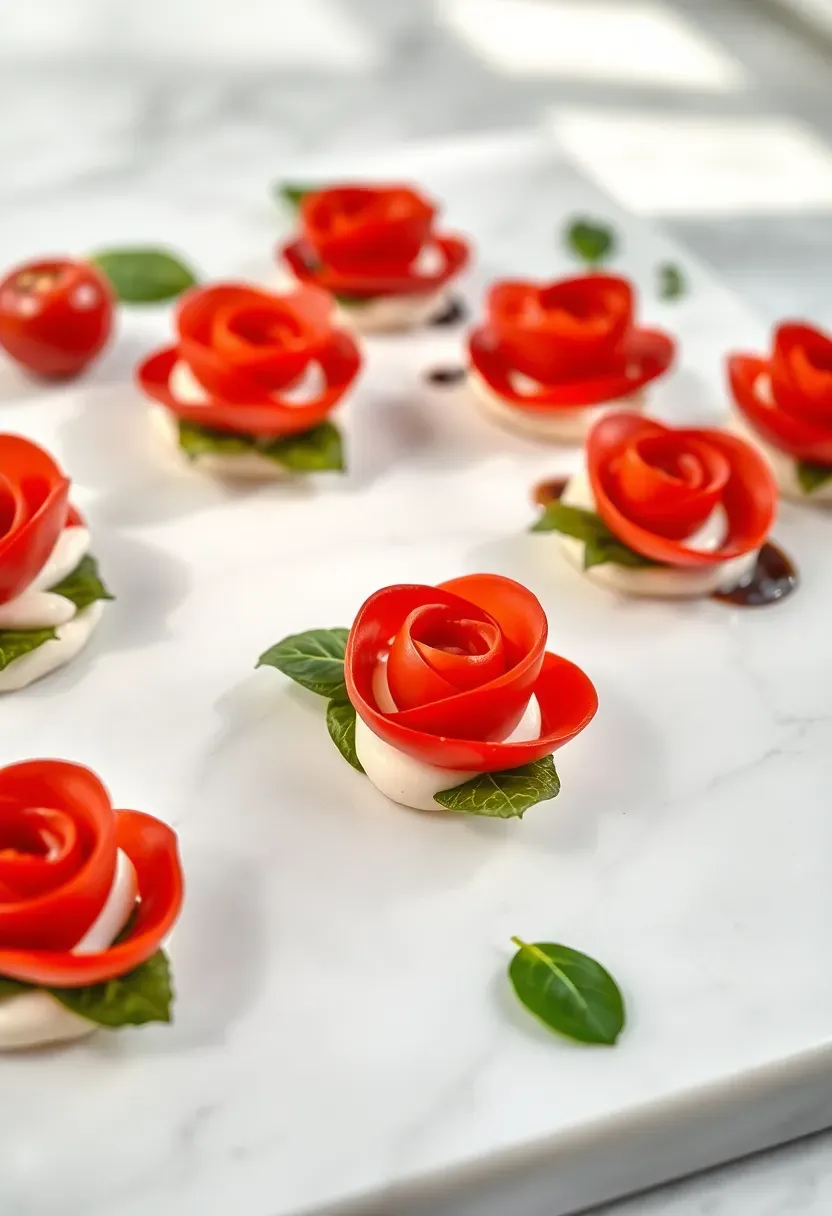 cherry tomato and mozzarella caprese bites arranged in rose shapes on a marble serving board with fresh basil