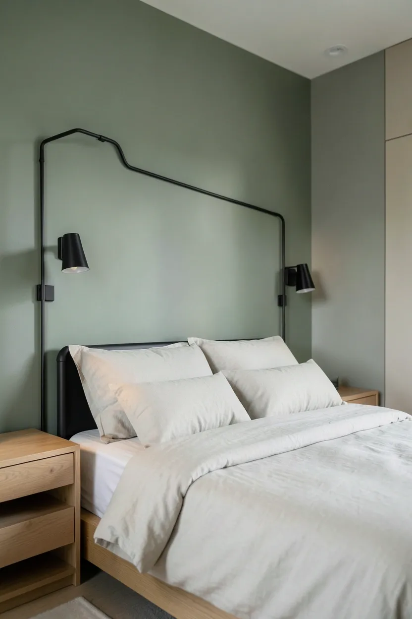 Soft sage green bedroom with thin matte black frames, sconce, and curtain rod for a modern minimal contrast