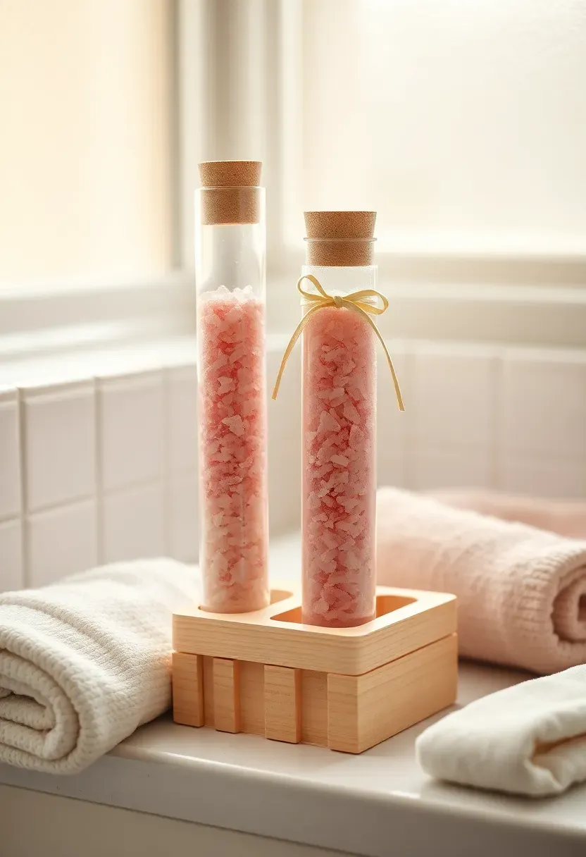 clear glass test tube filled with pink Himalayan bath salts topped with a cork and tied with a ribbon