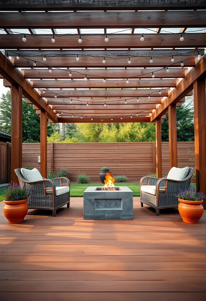 Backyard fire pit area under cedar pergola with rattan lounge chairs, lavender pots, and string lights on composite deck