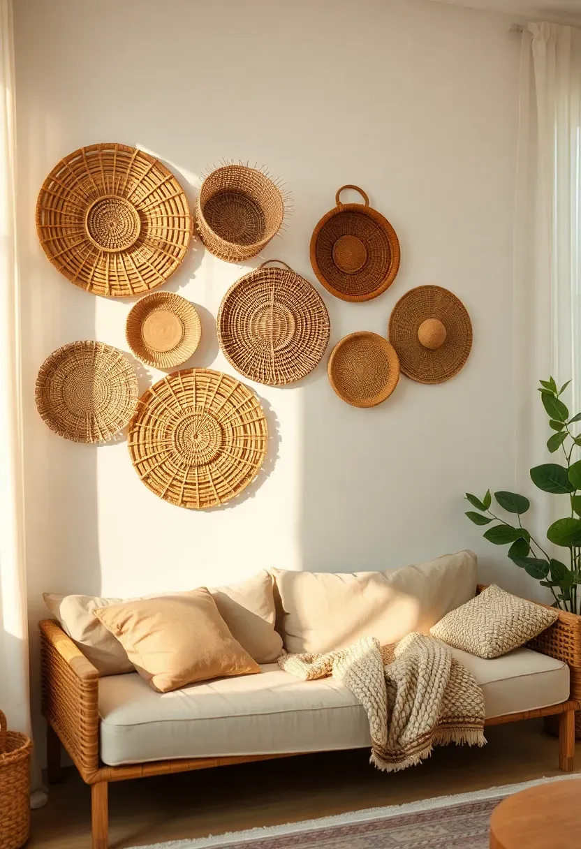 Bohemian living room wall decorated with an arrangement of woven rattan and wicker baskets in varying sizes and natural tones