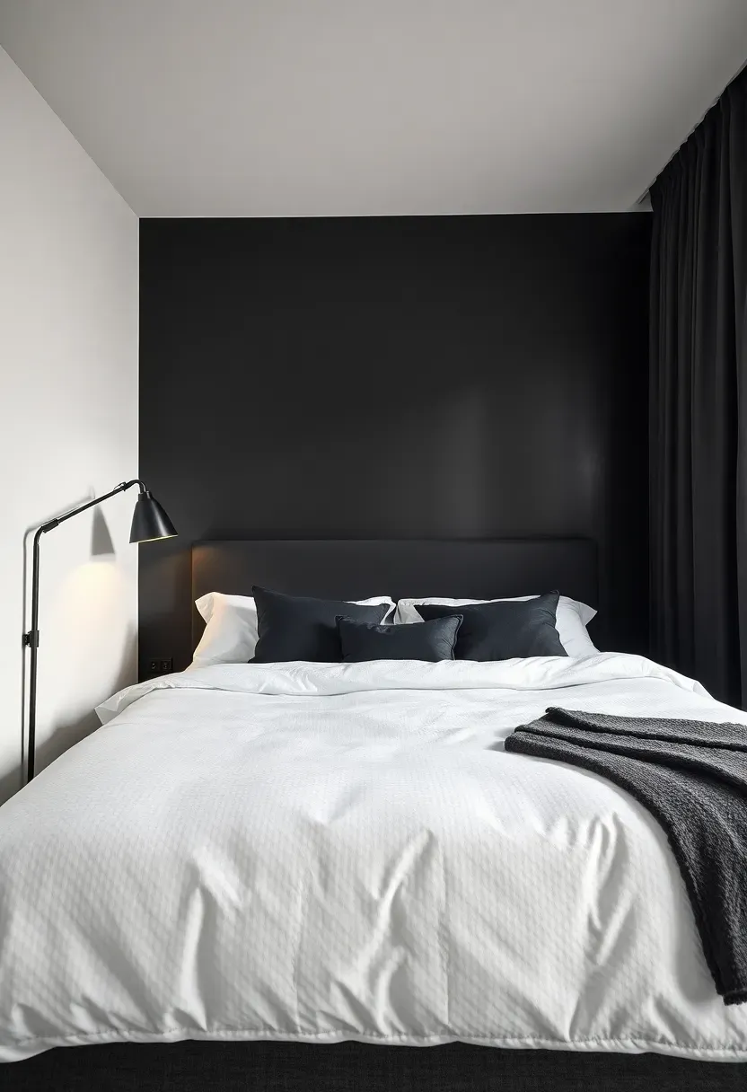 Hyper-realistic 3/4 view of dramatic black and white bedroom with black accent wall behind bed, crisp white adjacent walls, white bedding with black accent pillows, black bed frame. Materials: matte black paint accent wall, white painted walls, white textured bedding, black lacquer bed frame. High contrast with warm ambient light from black metal lamp (2700K), soft window light right. Graphic modern mood, sharp contrast between black and white elements. No text, no logos, no watermarks.</p>