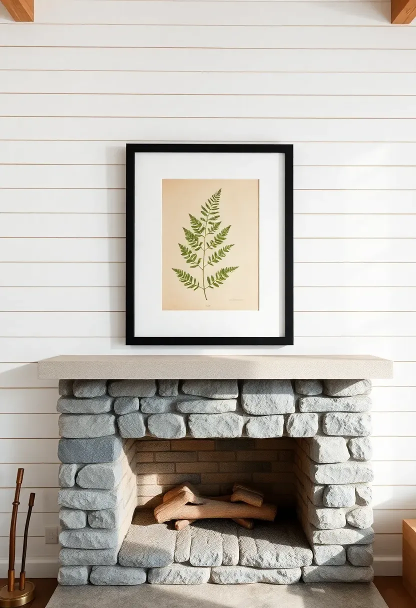 White shiplap accent wall above fireplace surround with simple black framed botanical print