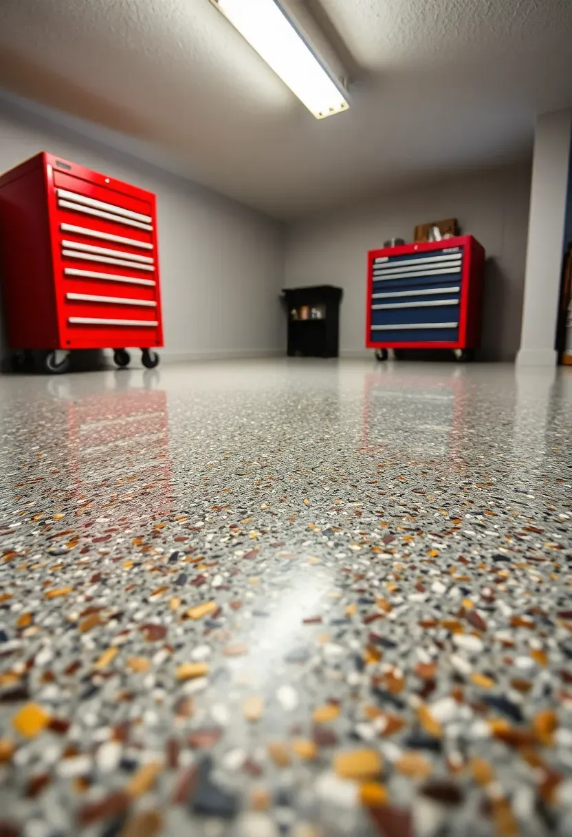 Basement floor coated with gray epoxy and scattered vinyl color flakes in brown tan and black giving a terrazzo-like finish
