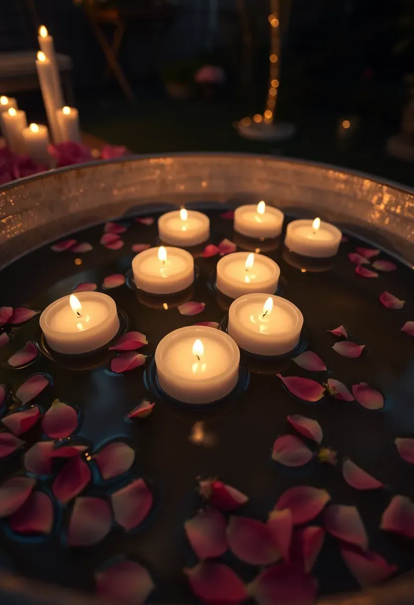 Floating candles in glass holders on a pond or large basin with flower petals, reflecting warm light at a nighttime backyard engagement party