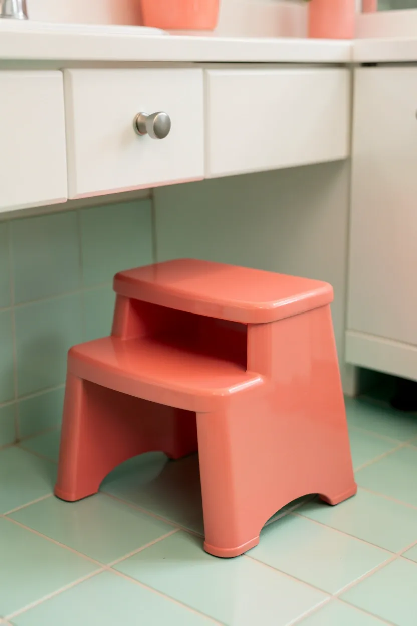 Mint green wooden step stool with rounded edges beside a white bathroom vanity, renter-friendly and no-installation-required