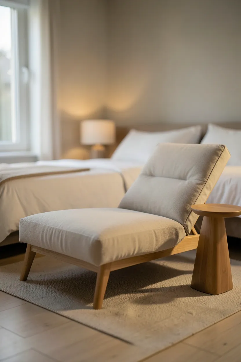 Streamlined cream chaise lounge with clean lines in a bright bedroom corner, a small side table with reading lamp — minimalist chaise reading nook for larger bedrooms