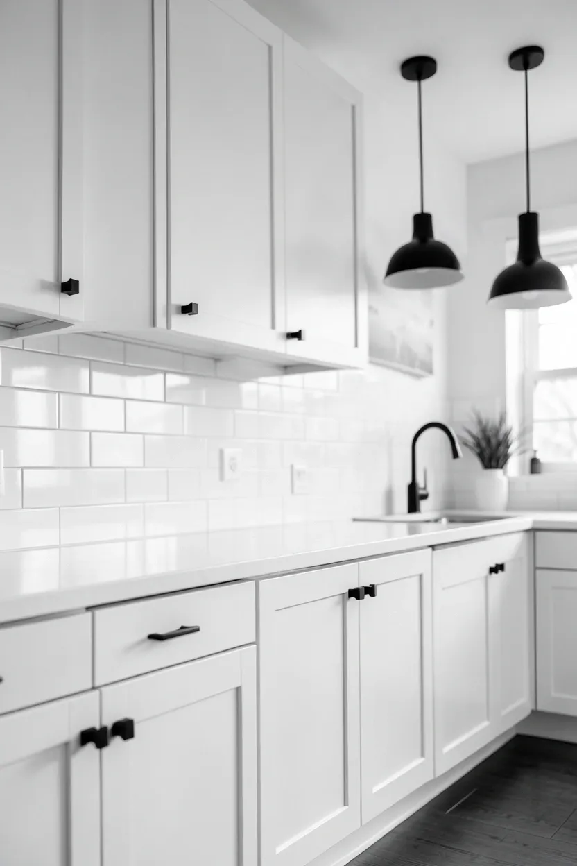 White marble kitchen countertops with dramatic black veining, paired with white cabinets and a marble slab backsplash for luxurious monochrome style