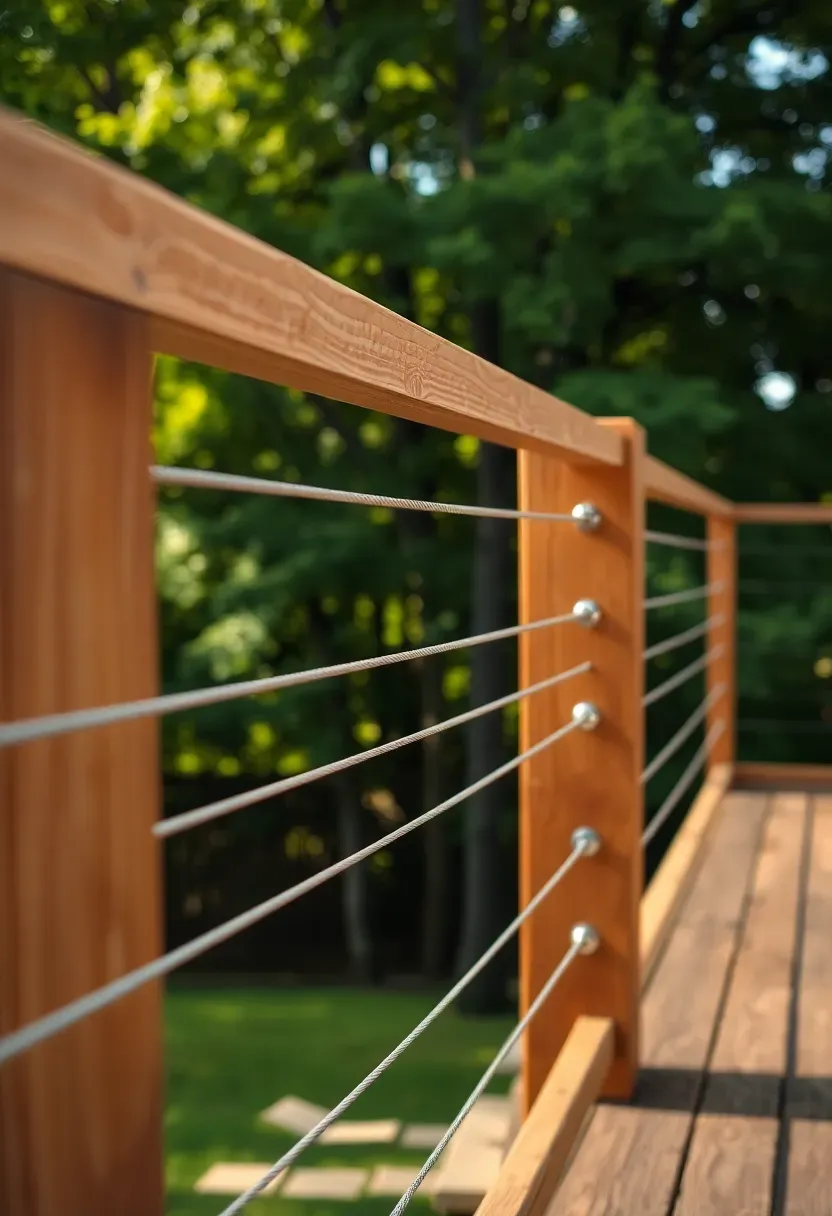 A budget deck railing made with steel cable wire threaded through drilled wooden posts, showing a clean modern look against a backyard view of trees