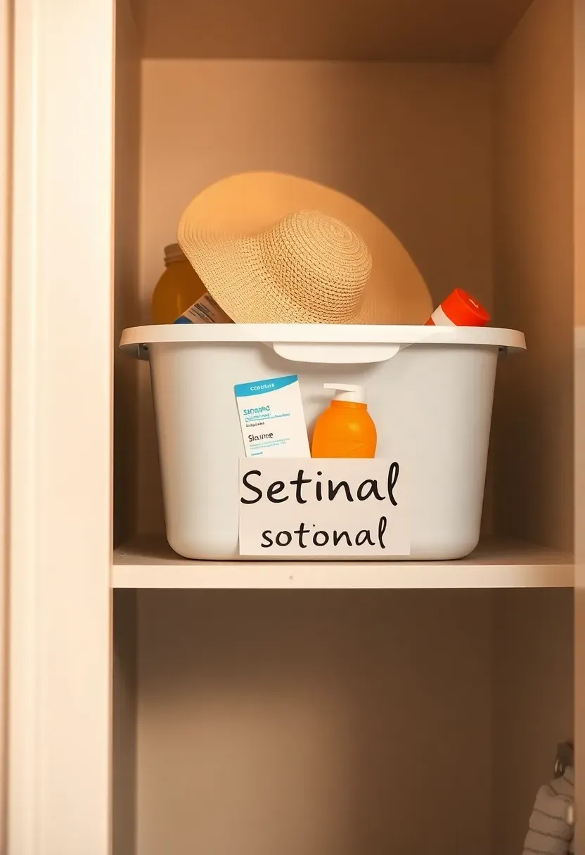 Large labeled bin on the top shelf of a bathroom closet marked seasonal containing sunscreen bug spray and summer toiletries