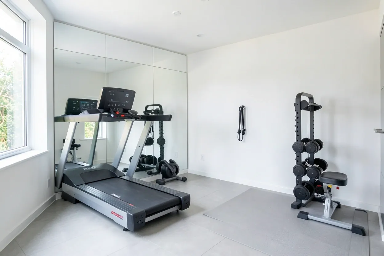 Small gym room with full-wall mirror and LED track lighting creating a professional workout space in a compact apartment