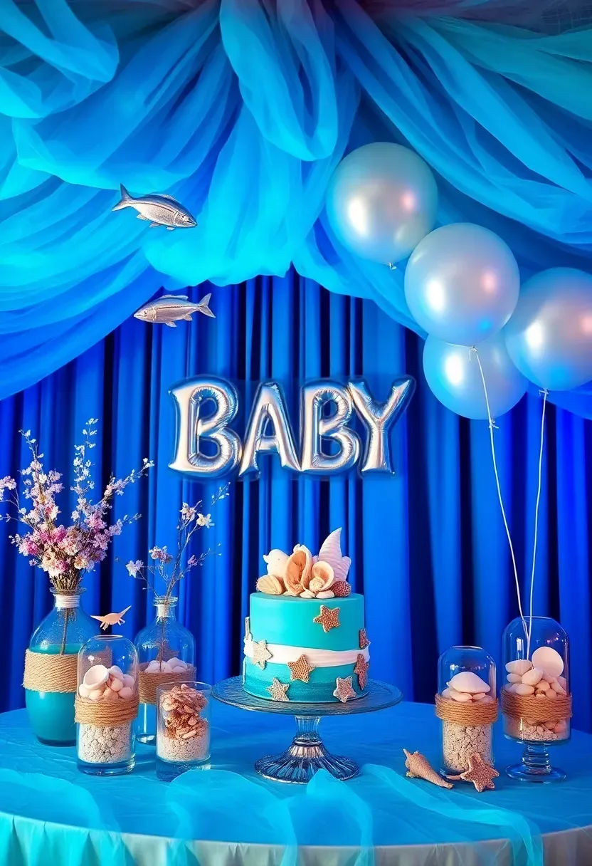 under the sea baby shower with blue tulle wave backdrop seashell decorations and ocean cake