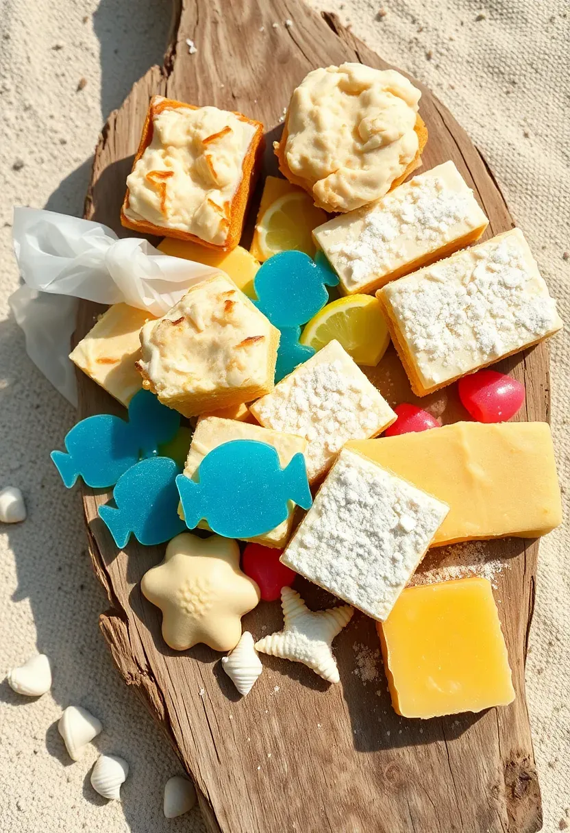 Coastal beach vibes dessert board with sea-inspired treats and sandy-colored sweets