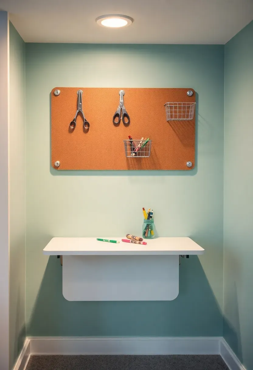 kids art station in basement with washable wall paint easel and organized art supply bins