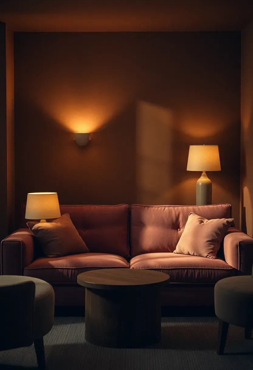 Intimate basement lounge with warm mushroom brown walls and soft ambient lighting from table lamps