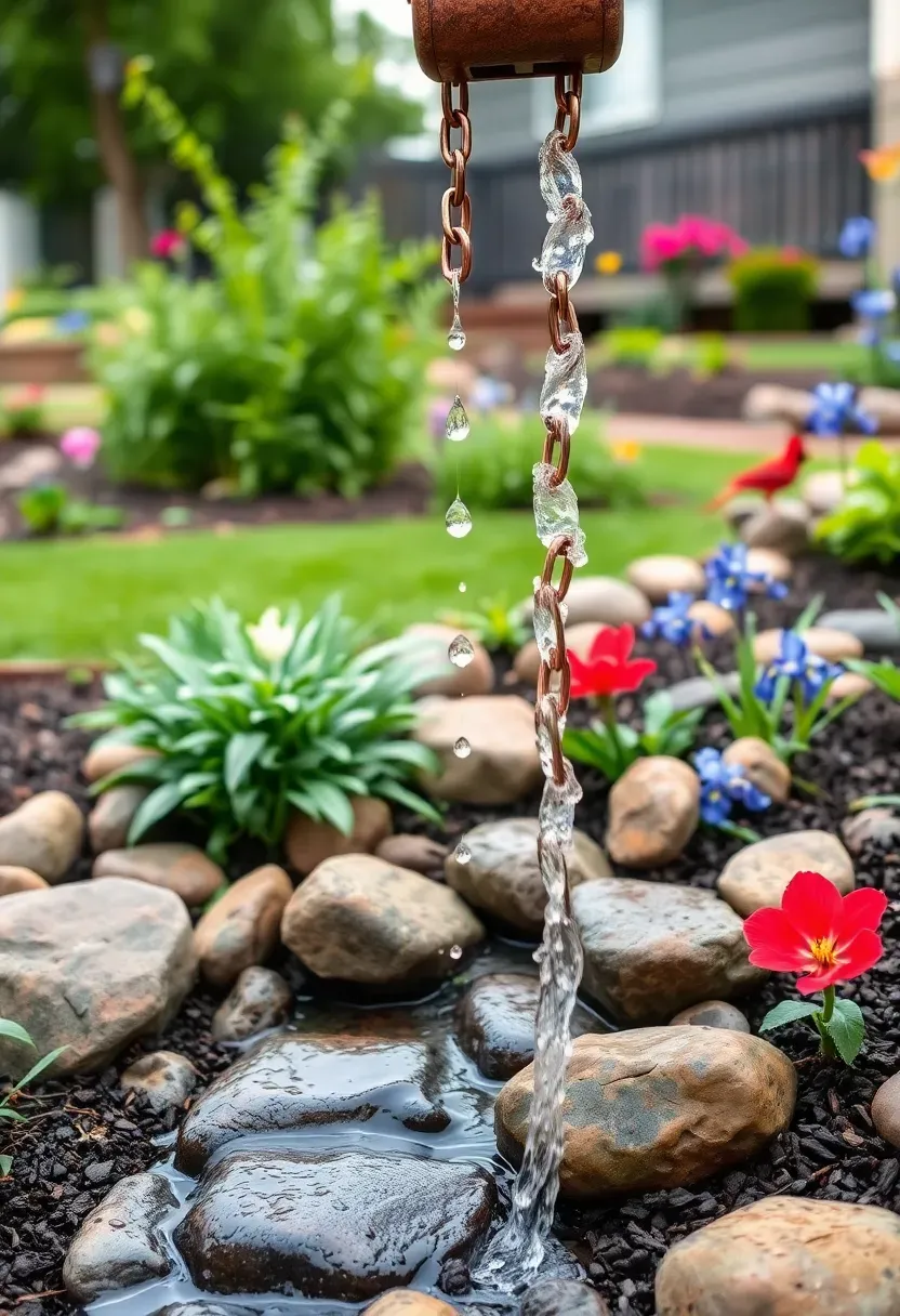 Rain chain with copper cup links cascading water into a river rock swale surrounded by cardinal flower, blue flag iris, and swamp rose in a naturalistic rain garden