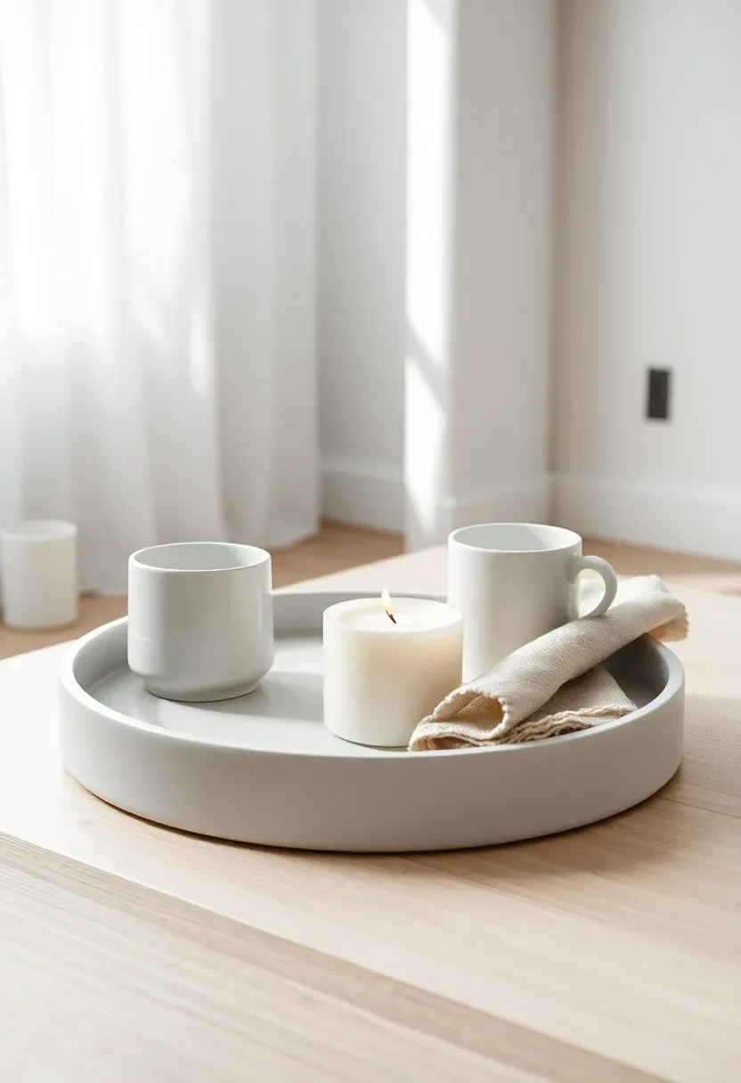 All white Scandinavian round tray with white candle white ceramic mug and linen napkin